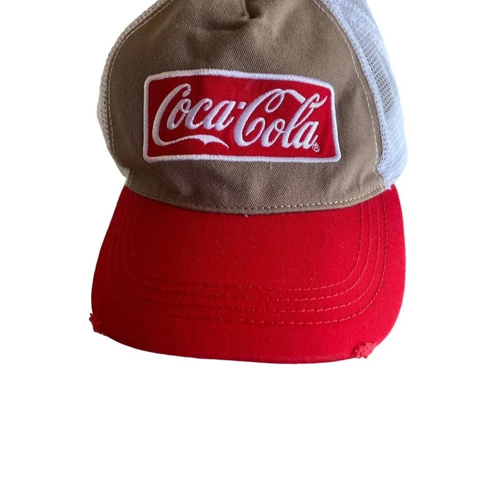 Coca Cola Khaki Red Distressed Meshback Hat Cap‎ Adjustable